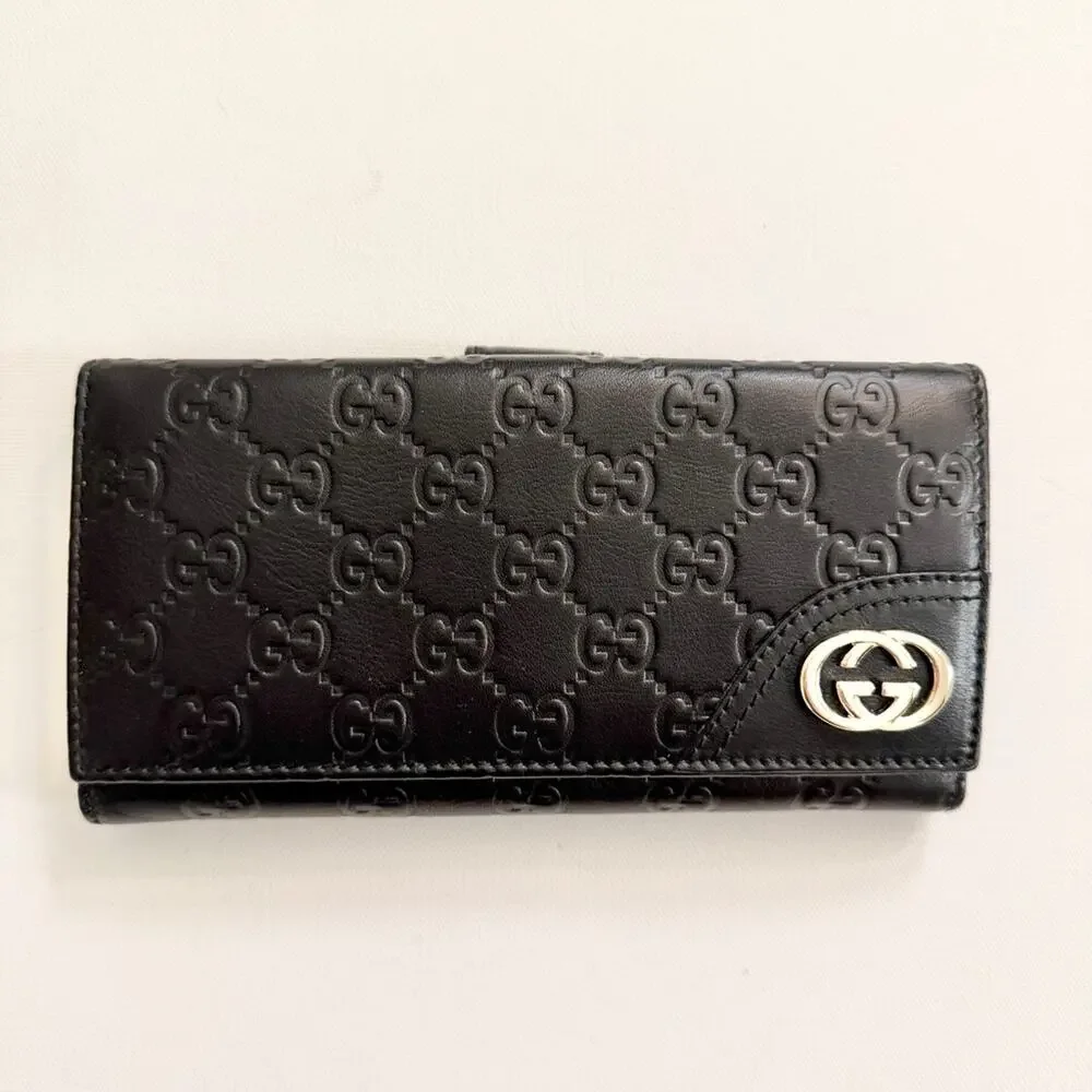 Gucci Logo Black Embossed Leather Long Fold Wallet